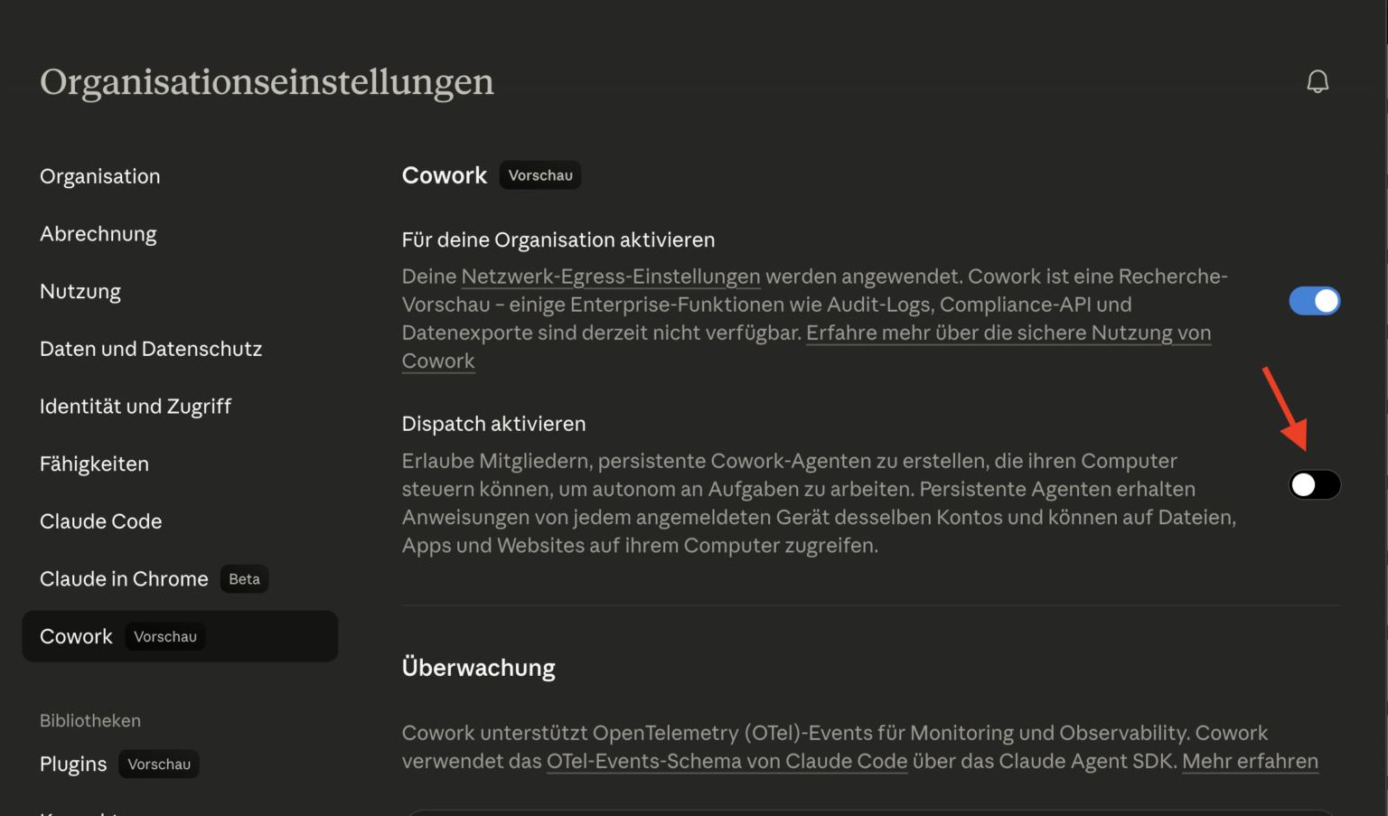 Screenshot: Aktivierung in den Einstellungen