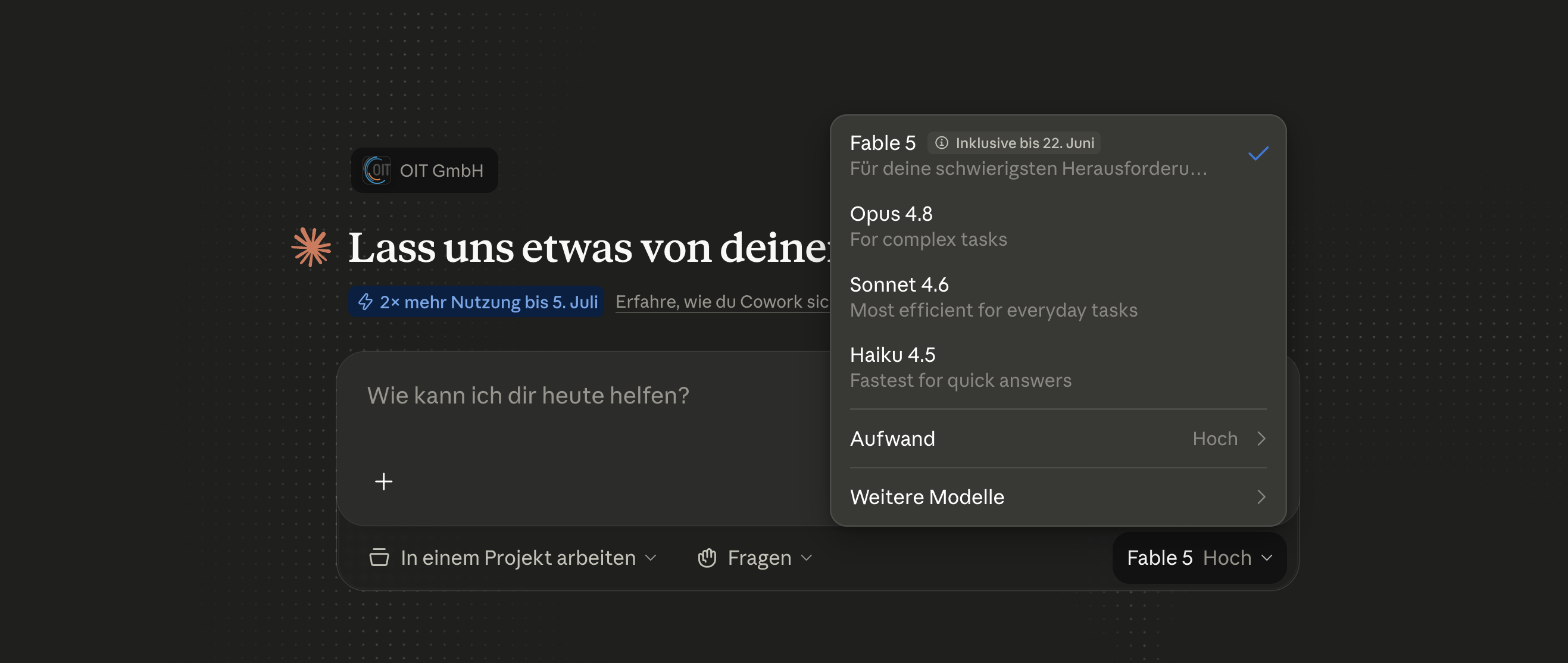Modellauswahl in Claude Cowork: Claude Fable 5 mit Hinweis &lsquo;Inklusive bis 22. Juni&rsquo;, darunter Opus 4.8, Sonnet 4.6 und Haiku 4.5