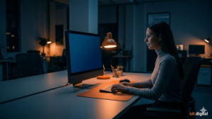 Windows 11 Systemanforderungen: Mitarbeiterin prüft am Monitor die Hardware-Kompatibilität eines Firmen-PCs bei der OIT GmbH