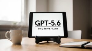 iPad auf Schreibtisch zeigt GPT-5.6 mit den Modellen Sol, Terra und Luna