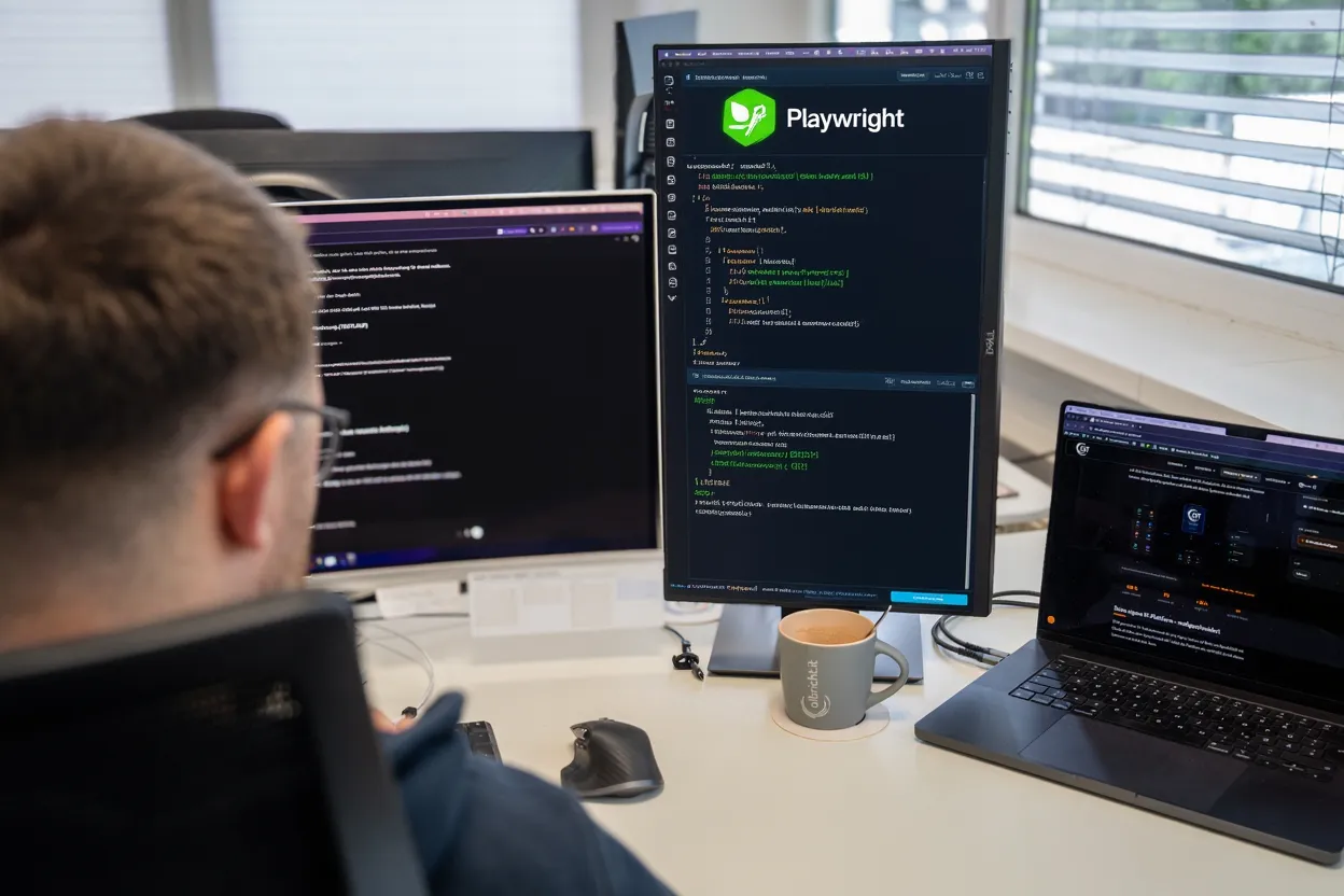 Entwickler am Schreibtisch mit drei Bildschirmen, der mittlere Monitor zeigt eine Playwright Browser-Automatisierung mit Code-Editor und Test-Terminal