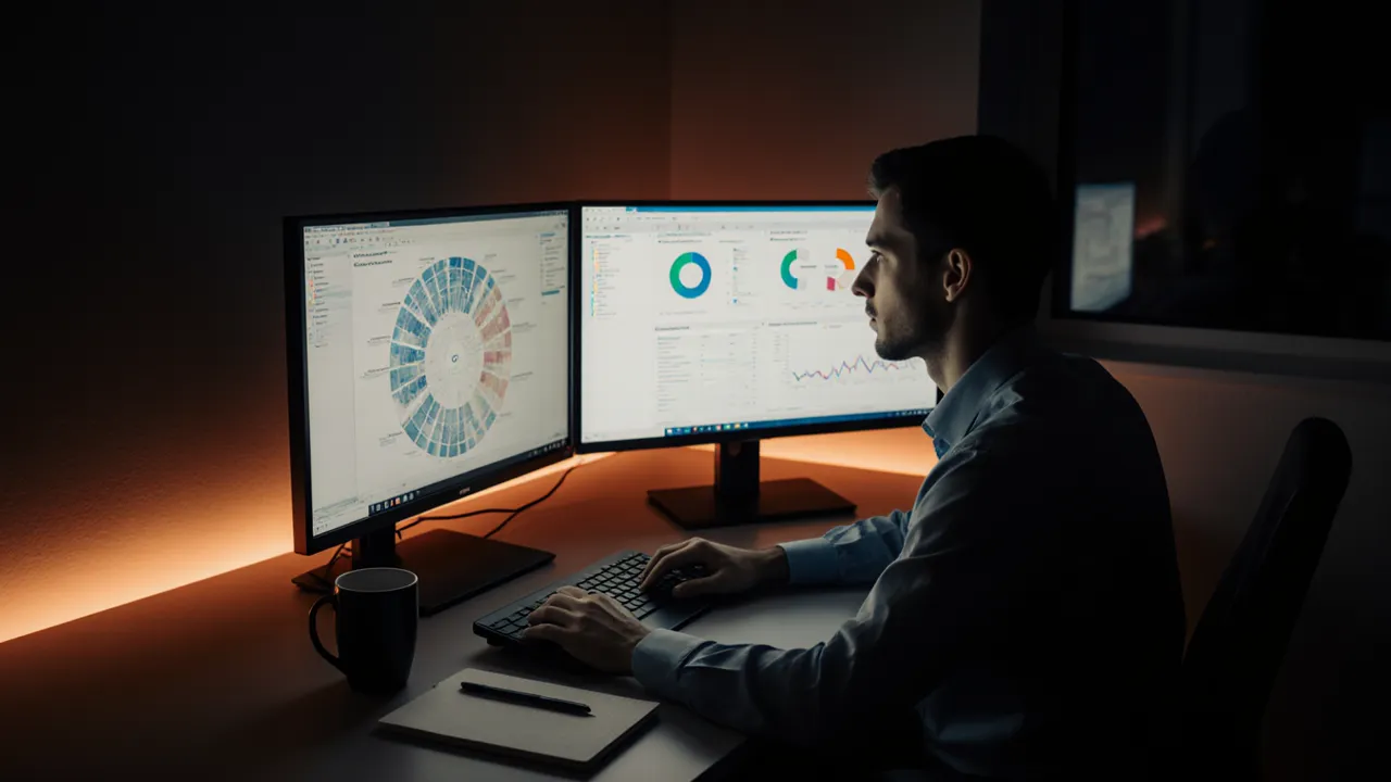 NIS2 für KMU: IT-Sicherheitsspezialist arbeitet konzentriert an Security-Dashboards im dunklen Büro mit orangen Akzenten