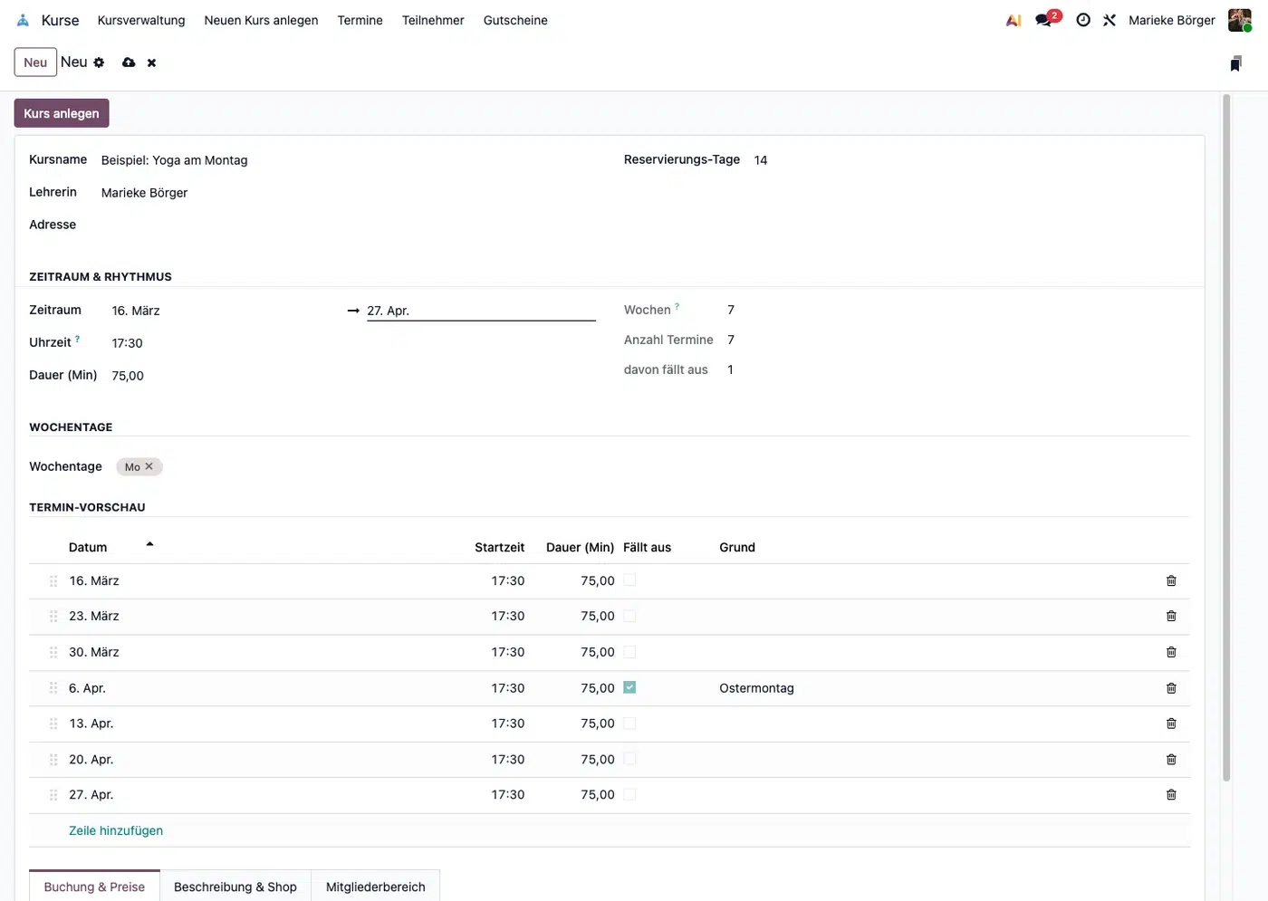 Kurs anlegen in Odoo: Live-Termin-Vorschau mit automatischer Feiertagserkennung