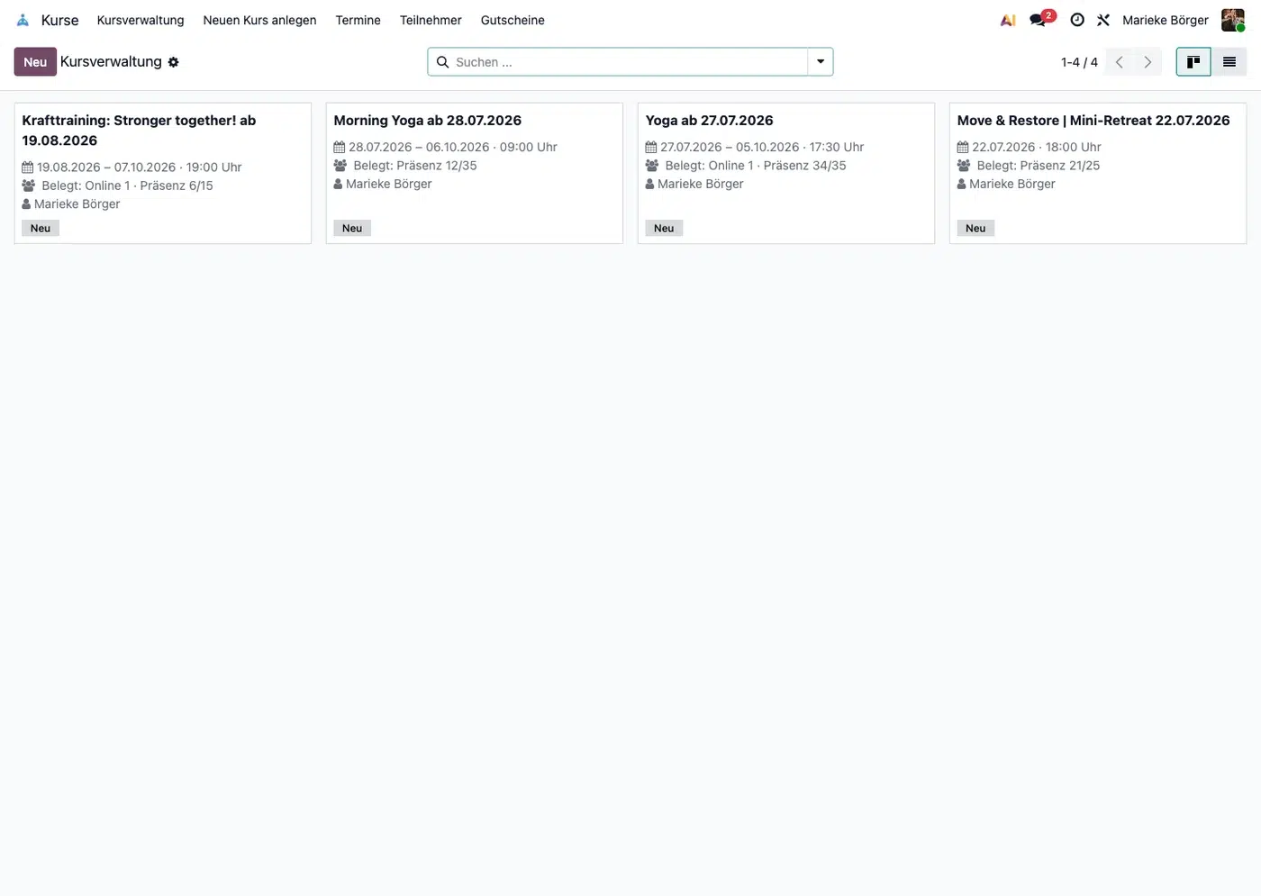 Odoo Kursverwaltung: alle Kurse als Karten mit Belegung je Ticket-Art