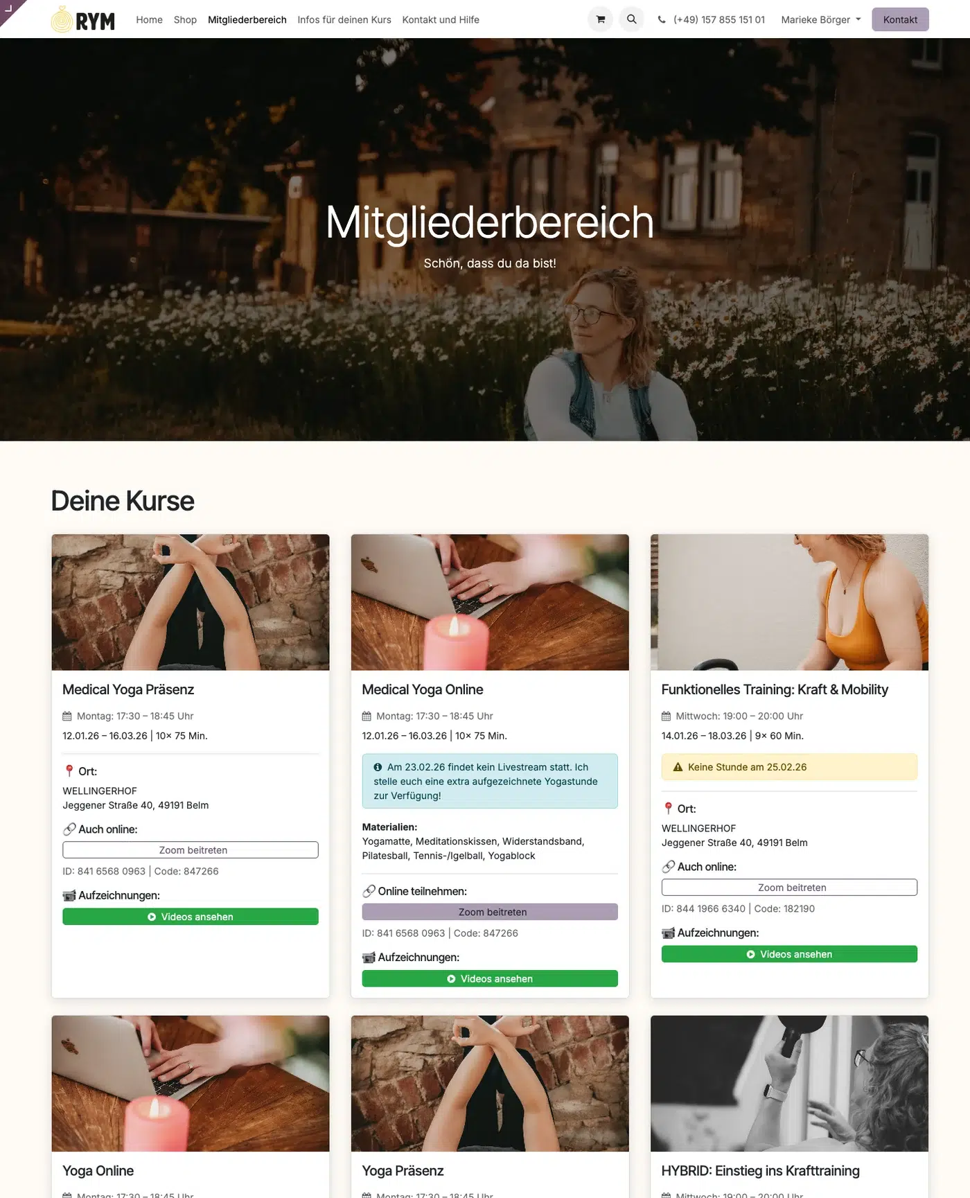 Case Study Odoo-Kursverwaltung Rock Your Motion – Vorschau Mitgliederbereich