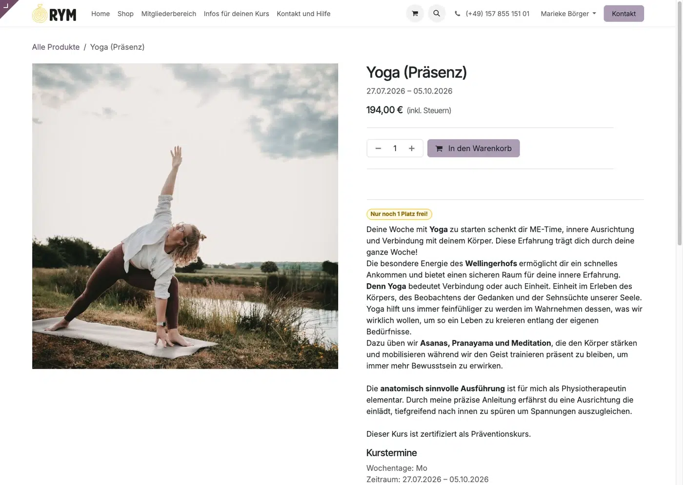 Odoo eCommerce Produktseite eines Kurses mit Restplatz-Hinweis und Kursterminen