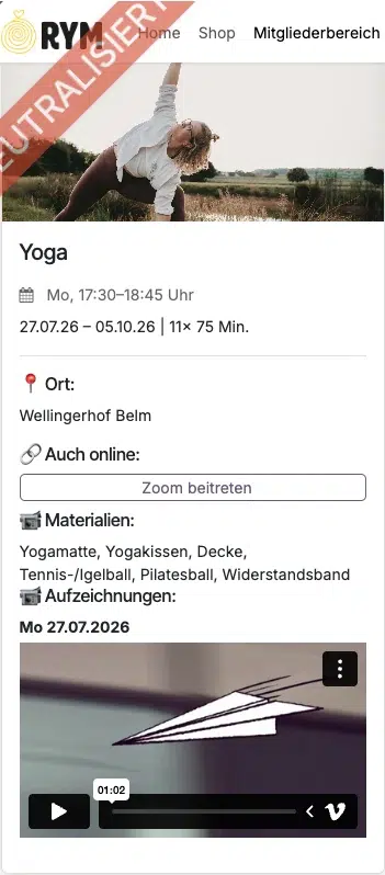Kursaufzeichnung mit eingebettetem Vimeo-Player im Mitgliederbereich