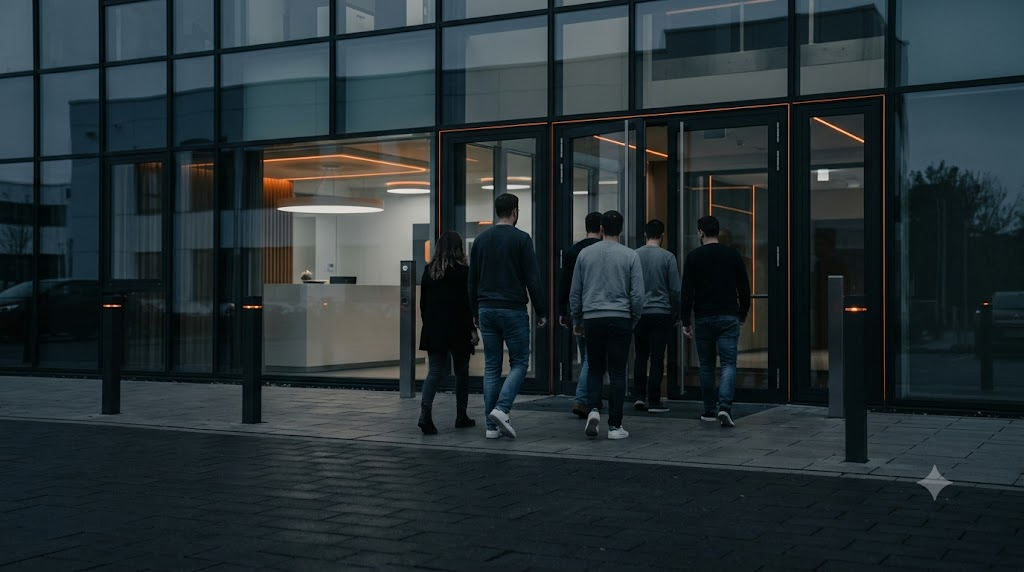 OIT-Team betritt Bürogebäude – Symbolbild für Teams Workplace Check-in und Büro-Anwesenheit