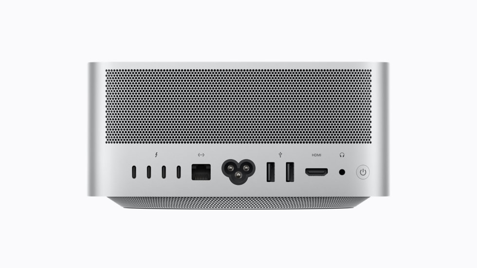 Rueckseite des Mac Studio mit Thunderbolt 5 Anschluessen fuer Clustering