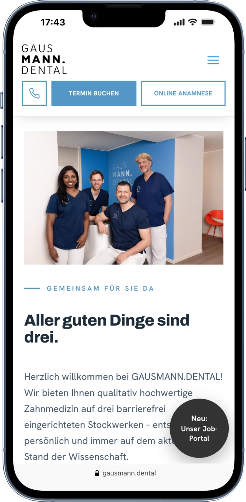 Website der Zahnarztpraxis GAUSMANN.DENTAL auf dem iPhone