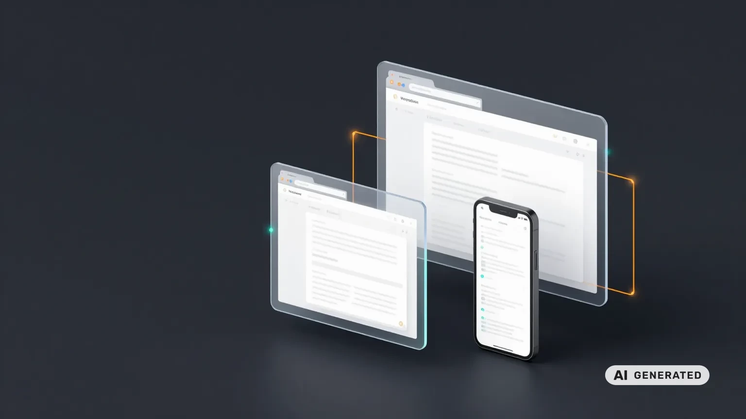 Drei Browserfenster in Desktop-, Tablet- und Smartphone-Größe, verbunden durch orange Linien – Symbolbild für responsives Gestalten in WordPress 7.1