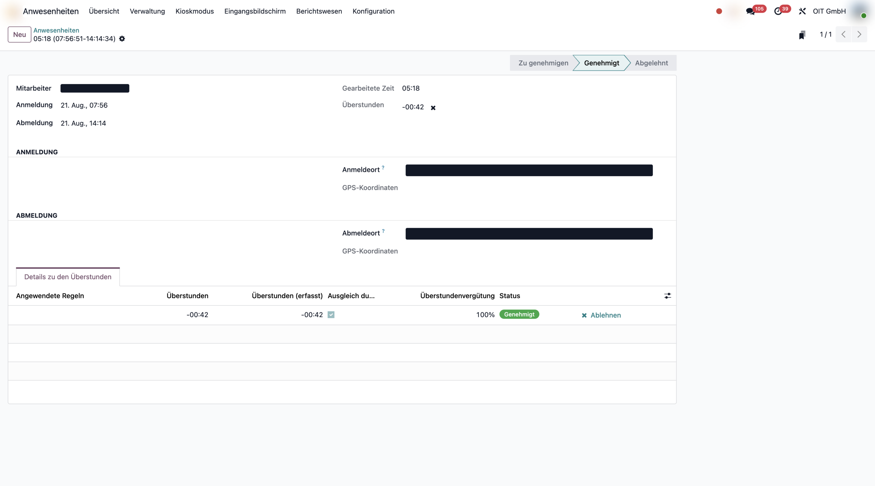 Anwesenheit in Odoo mit gearbeiteter Zeit 05:18 und Überstunden minus 00:42, darunter die zugehörige negative Überstundenzeile