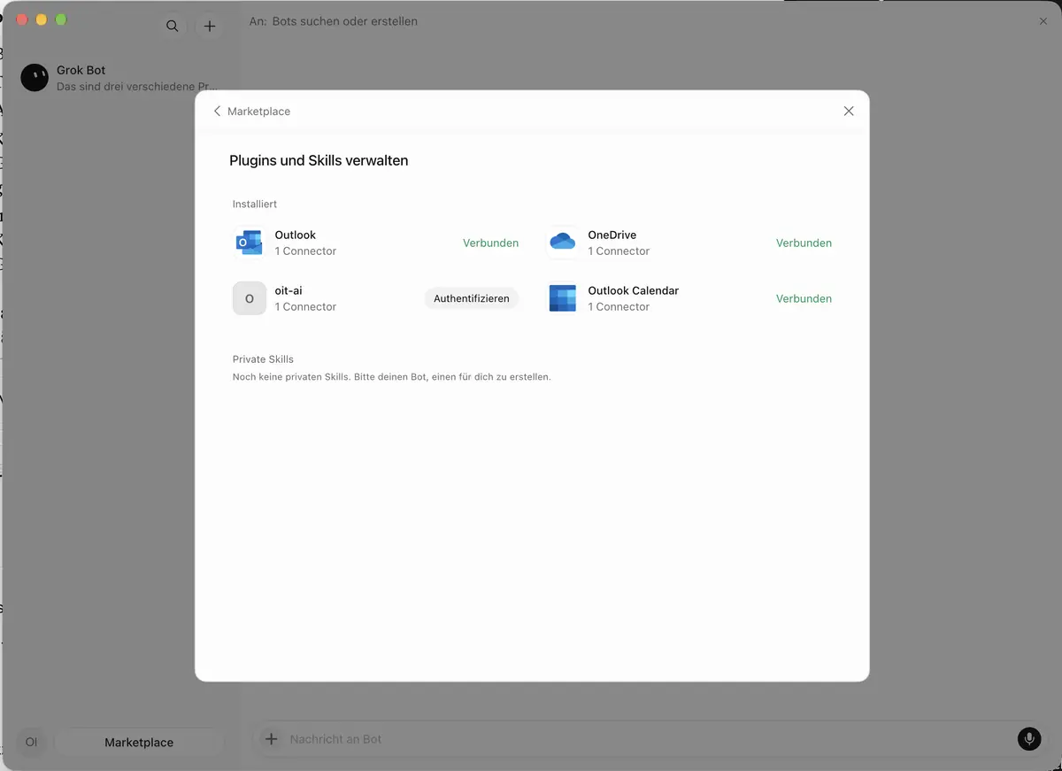 Grok Bot Plugins und Skills verwalten: Outlook, OneDrive und Outlook Calendar verbunden, dazu der OIT-Connector oit-ai für Odoo