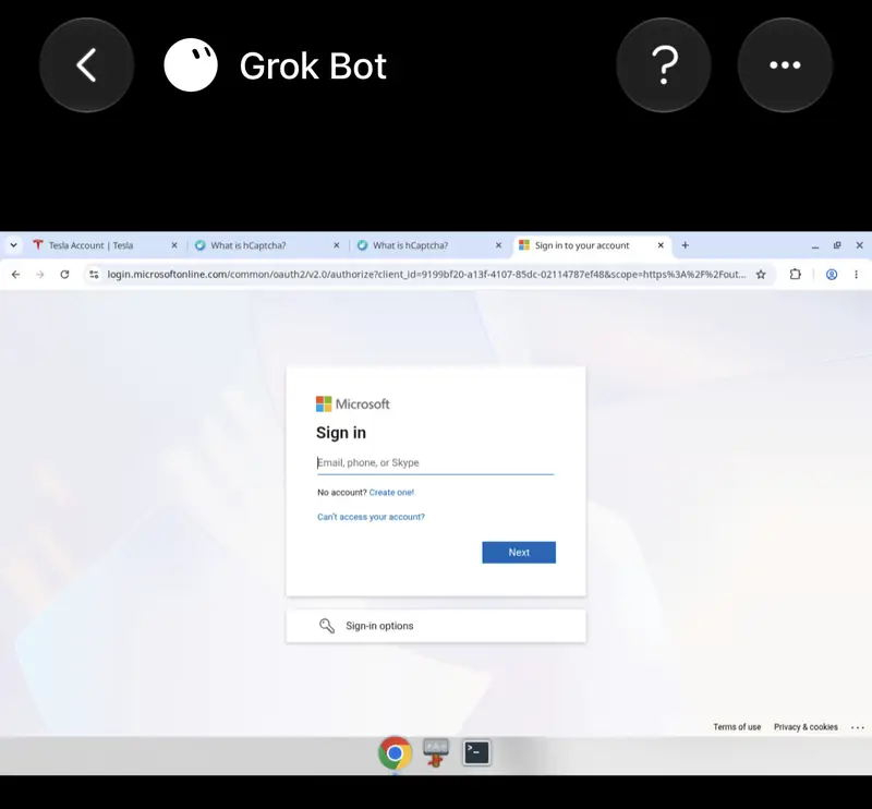 Grok Bot auf dem iPhone zeigt die virtuelle Maschine des Bots mit Chrome, Terminal und Microsoft-Anmeldeseite