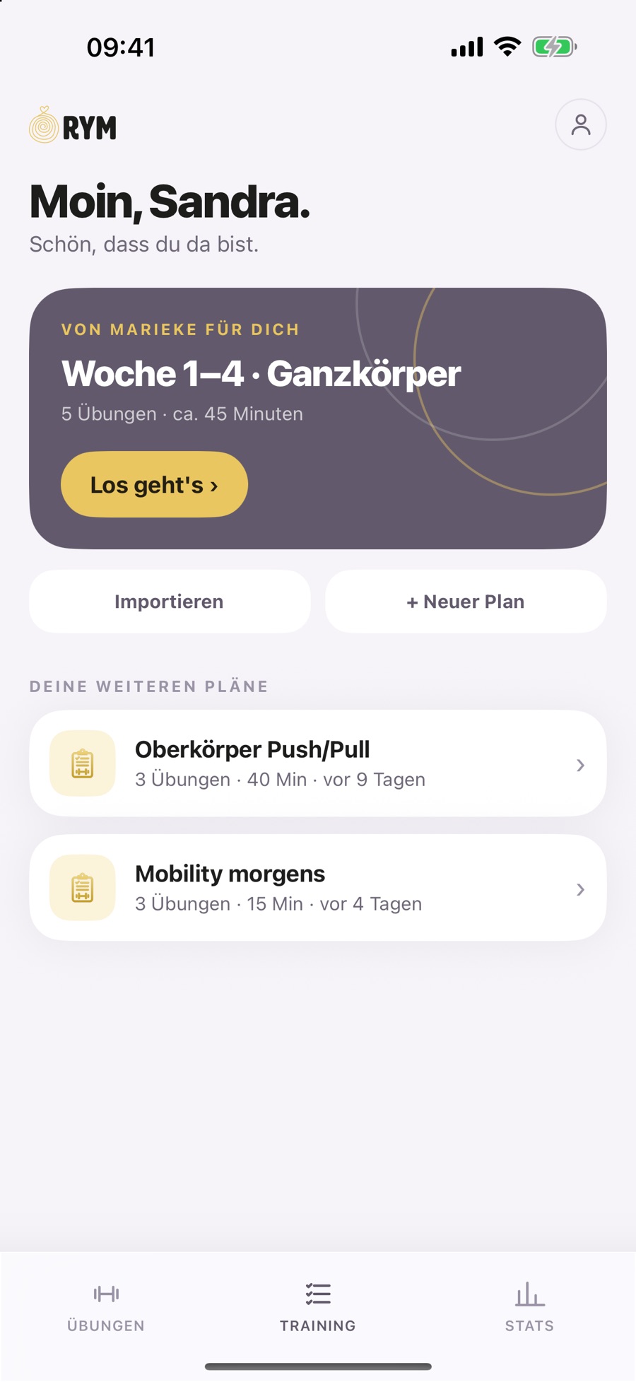 Startbildschirm der App RYM Training mit dem persönlichen Trainingsplan der Trainerin