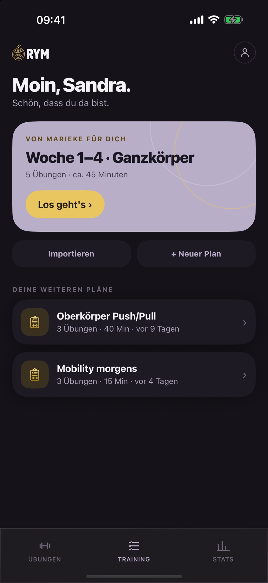 Die App RYM Training im Dunkelmodus in den Markenfarben von Rock Your Motion
