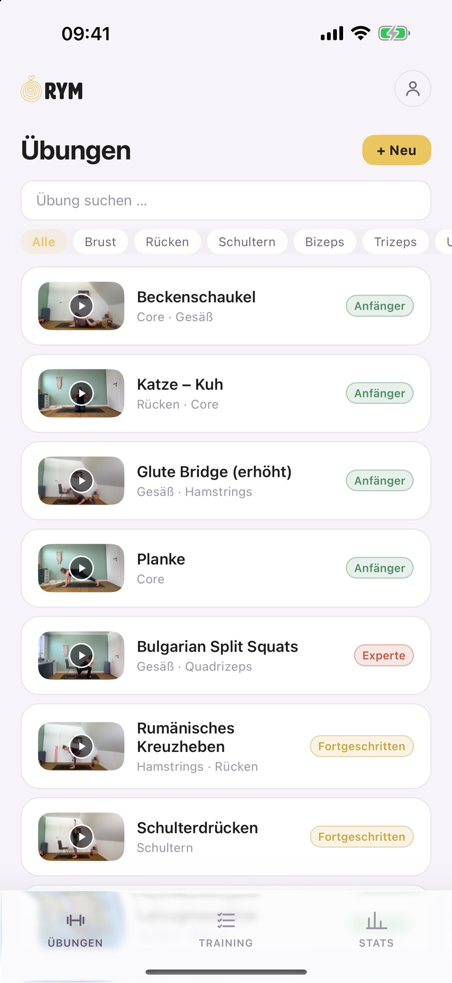 Übungsliste der App RYM Training mit Vorschaubildern der Übungsvideos und Filter nach Muskelgruppen