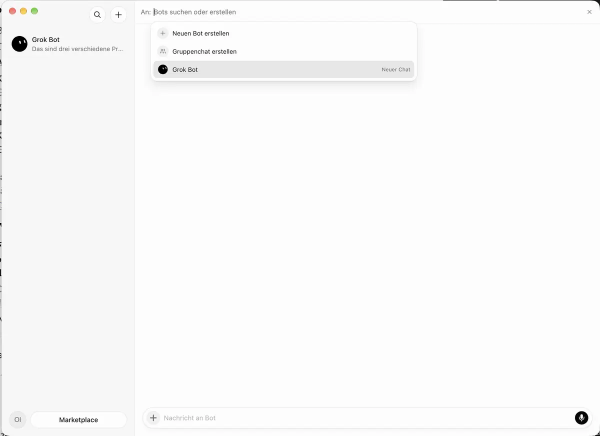 Grok Bot App auf dem Mac: schlichte Oberfläche mit Neuen Bot erstellen, Gruppenchat erstellen und Marketplace