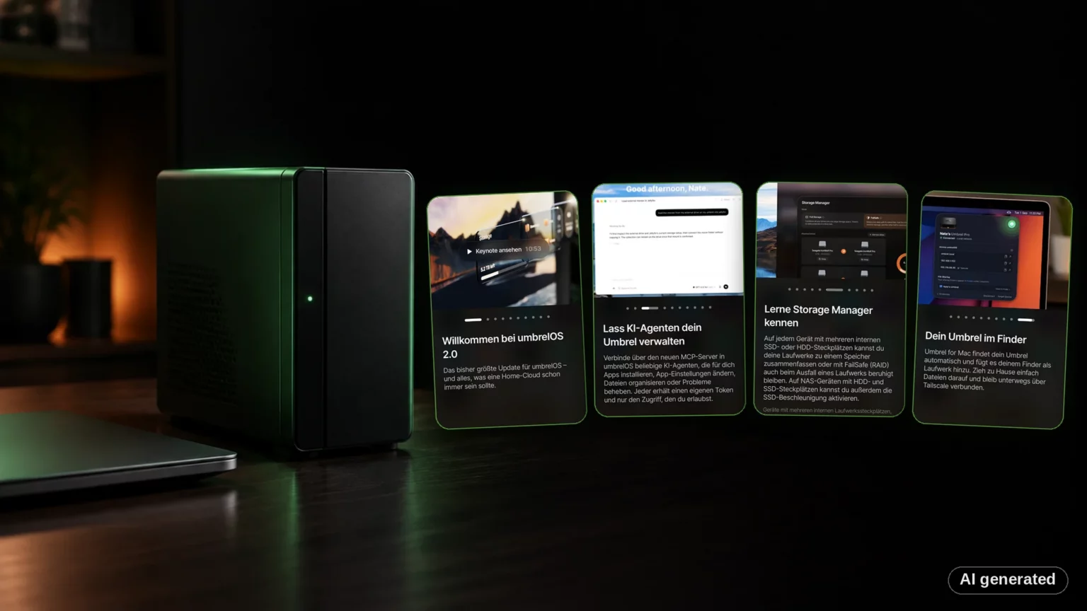 umbrelOS 2.0 Neuerungen: vier Screenshots der Update-Einführung neben einem Home-Server – AI generated