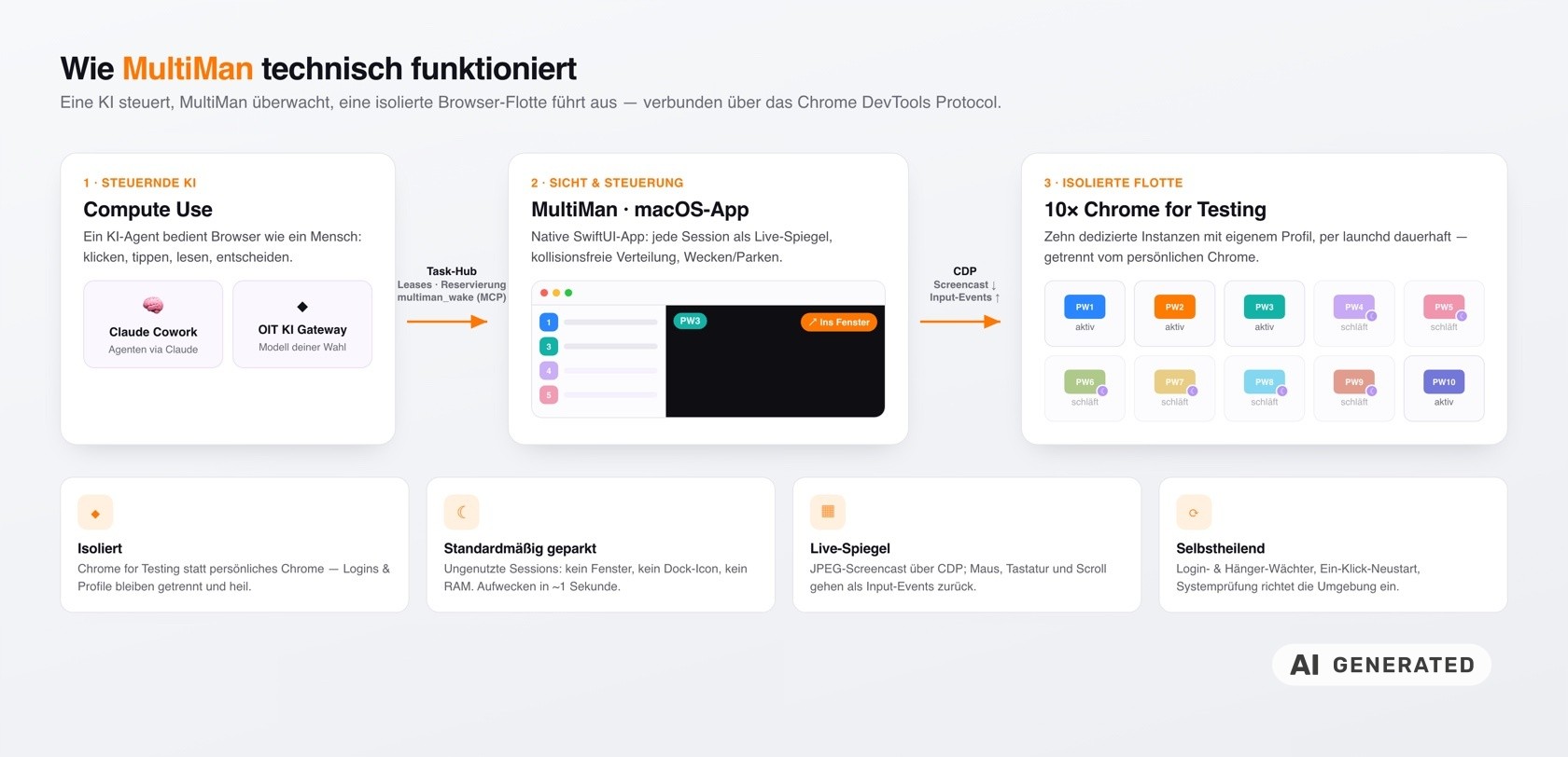 Architektur-Diagramm: KI-Agent steuert über den Task-Hub die MultiMan-macOS-App, die zehn isolierte Chrome-for-Testing-Instanzen über das Chrome DevTools Protocol spiegelt und steuert