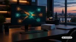 Büroarbeitsplatz am Abend, Monitor zeigt einen KI-Workflow, der Dokumente, Kalender, Datenbank und Cloud mit einem zentralen Knoten verbindet – KI-generiertes Bild