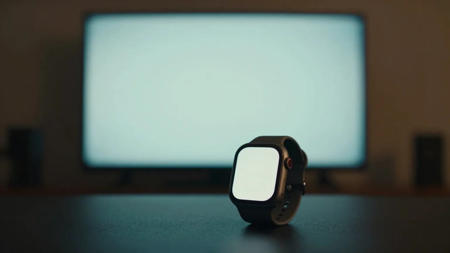 Smartwatch auf dunkler Flaeche vor einem leuchtenden Fernsehbildschirm im Hintergrund
