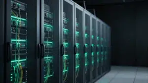 Dunkles Rechenzentrum mit Server-Racks und Teal-Kantenlicht als Symbol für neue KI-Modelle – KI-generiertes Bild