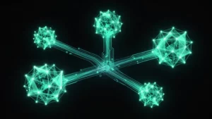 Leuchtende teal-farbene neuronale Netzwerk-Cluster verbunden durch Datenströme auf schwarzem Hintergrund – KI-generiertes Bild