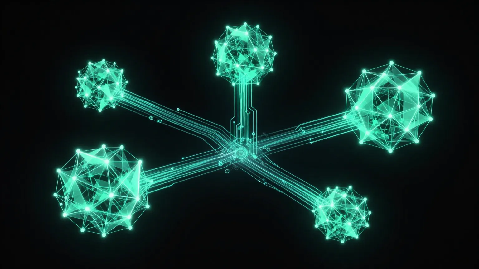 Leuchtende teal-farbene neuronale Netzwerk-Cluster verbunden durch Datenströme auf schwarzem Hintergrund – KI-generiertes Bild