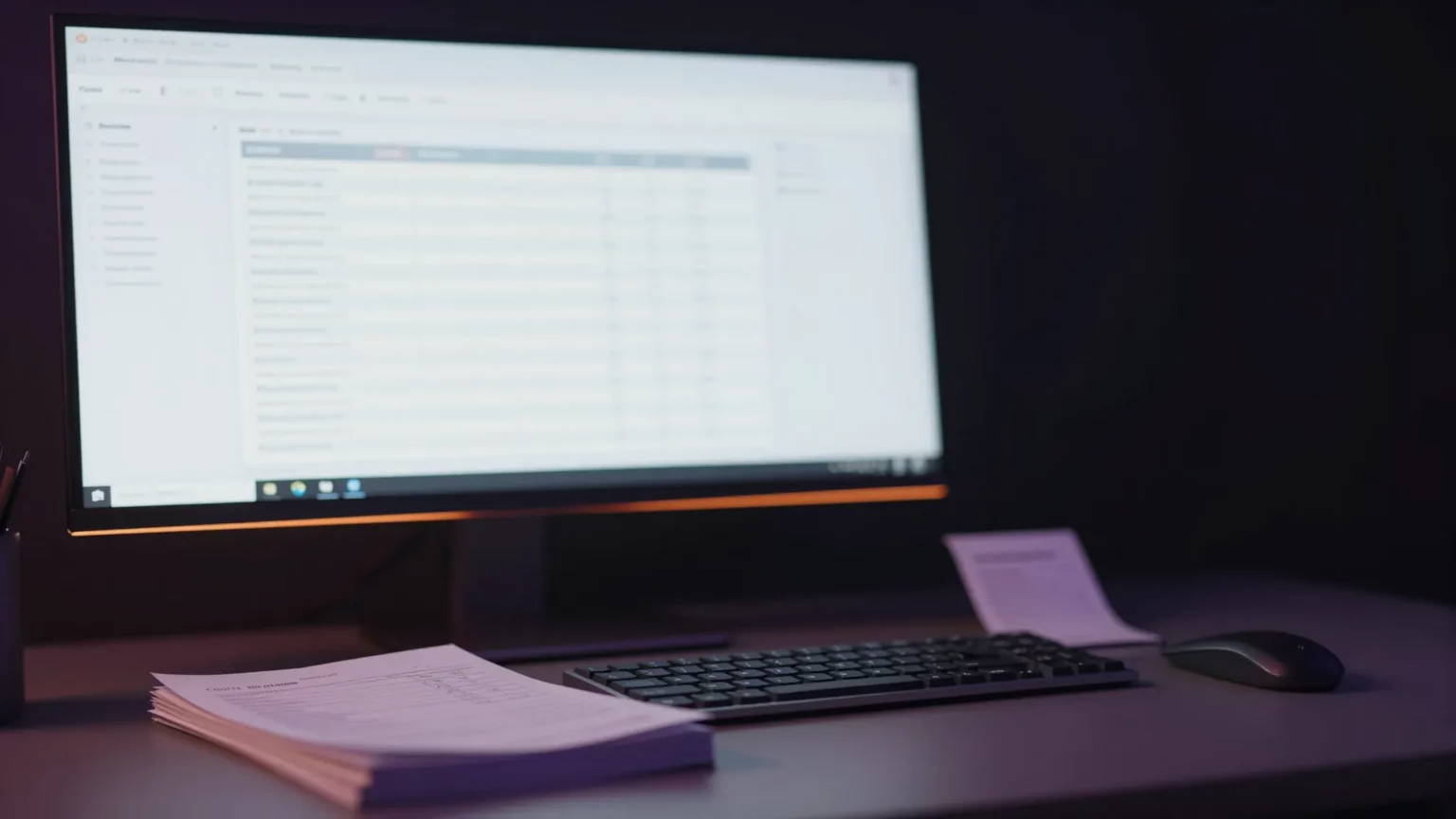 Monitor mit Rechnungsübersicht und Stapel gedruckter Rechnungen auf einem Schreibtisch – KI-generiertes Bild