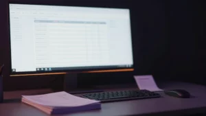 Monitor mit Rechnungsübersicht und Stapel gedruckter Rechnungen auf einem Schreibtisch – KI-generiertes Bild