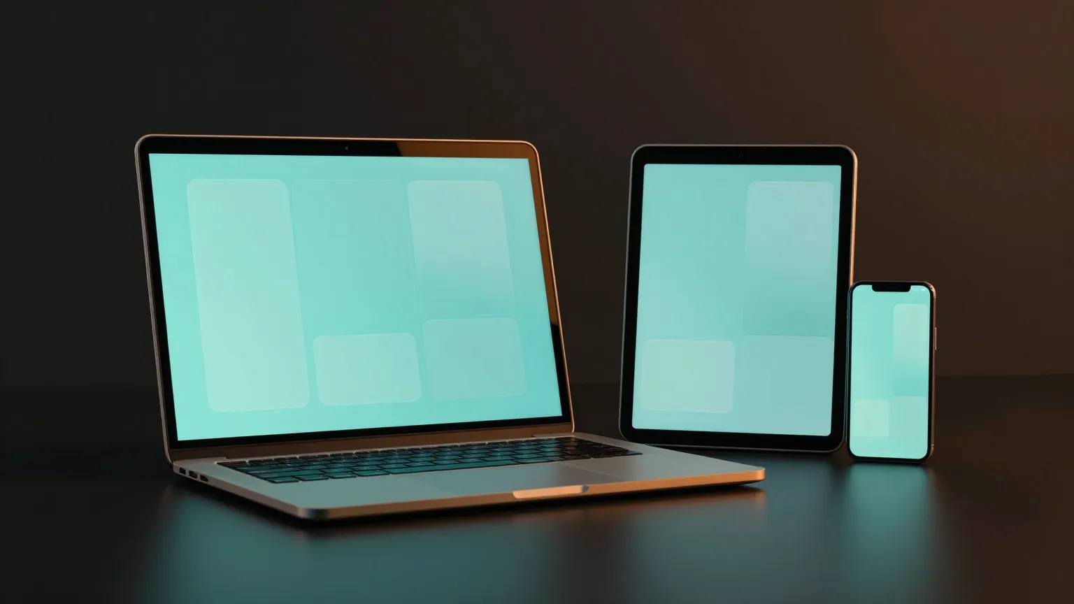 Notebook, Tablet und Smartphone nebeneinander auf dunklem Untergrund mit tuerkis leuchtenden Bildschirmen