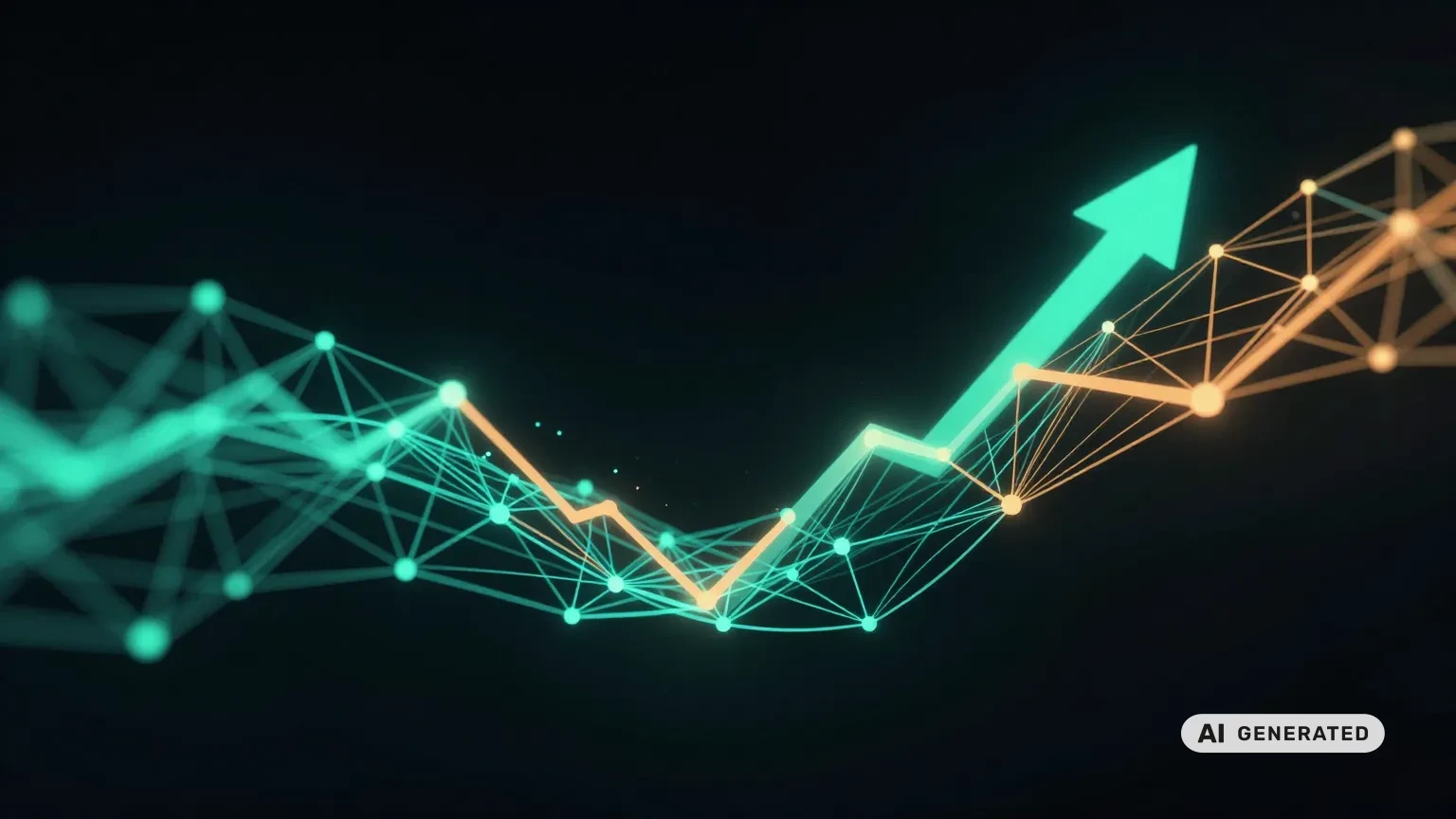 Abstrakte KI-Illustration mit neuronalem Netz und Aufwärtstrend in Teal und Orange