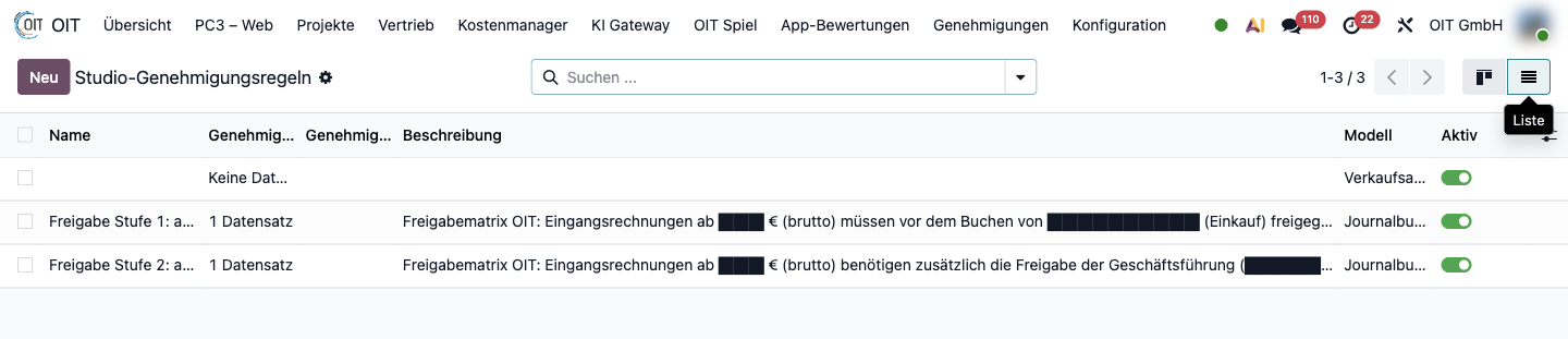 Zwei Genehmigungsregeln fuer Eingangsrechnungen in Odoo 19, Betragsgrenzen und Genehmiger geschwaerzt
