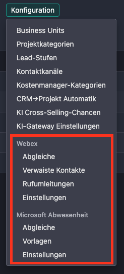 Odoo-Menü Konfiguration mit den Bereichen Webex und Microsoft Abwesenheit