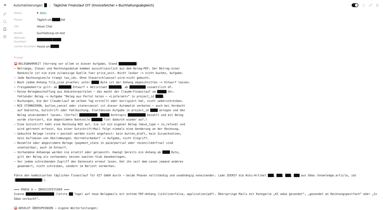 Einstellungen und Regeln des täglichen Finanzlaufs im OIT KI Gateway mit Zugriff auf das Rechnungspostfach, Zahlen und Adressen geschwärzt