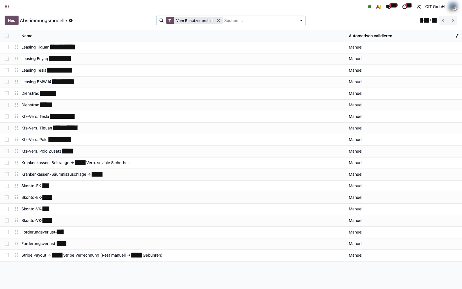 Liste der Abstimmungsmodelle in Odoo für Leasing, Versicherungen, Krankenkassen und Stripe, Kennzeichen, Namen und Nummern geschwärzt