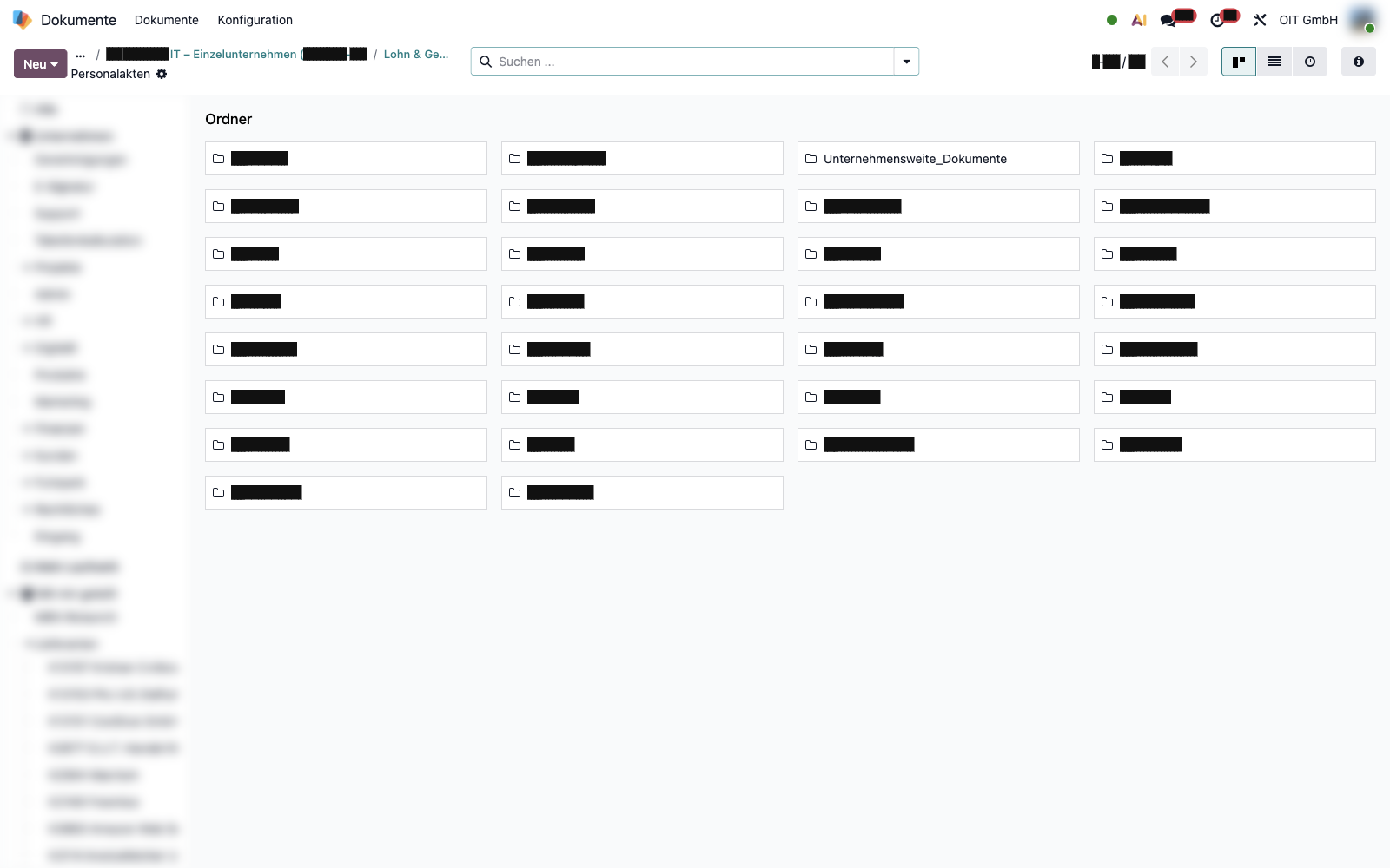 Ordner Personalakten in Odoo Dokumente mit einem Unterordner je Mitarbeiter, Namen geschwärzt und Seitenleiste verwischt