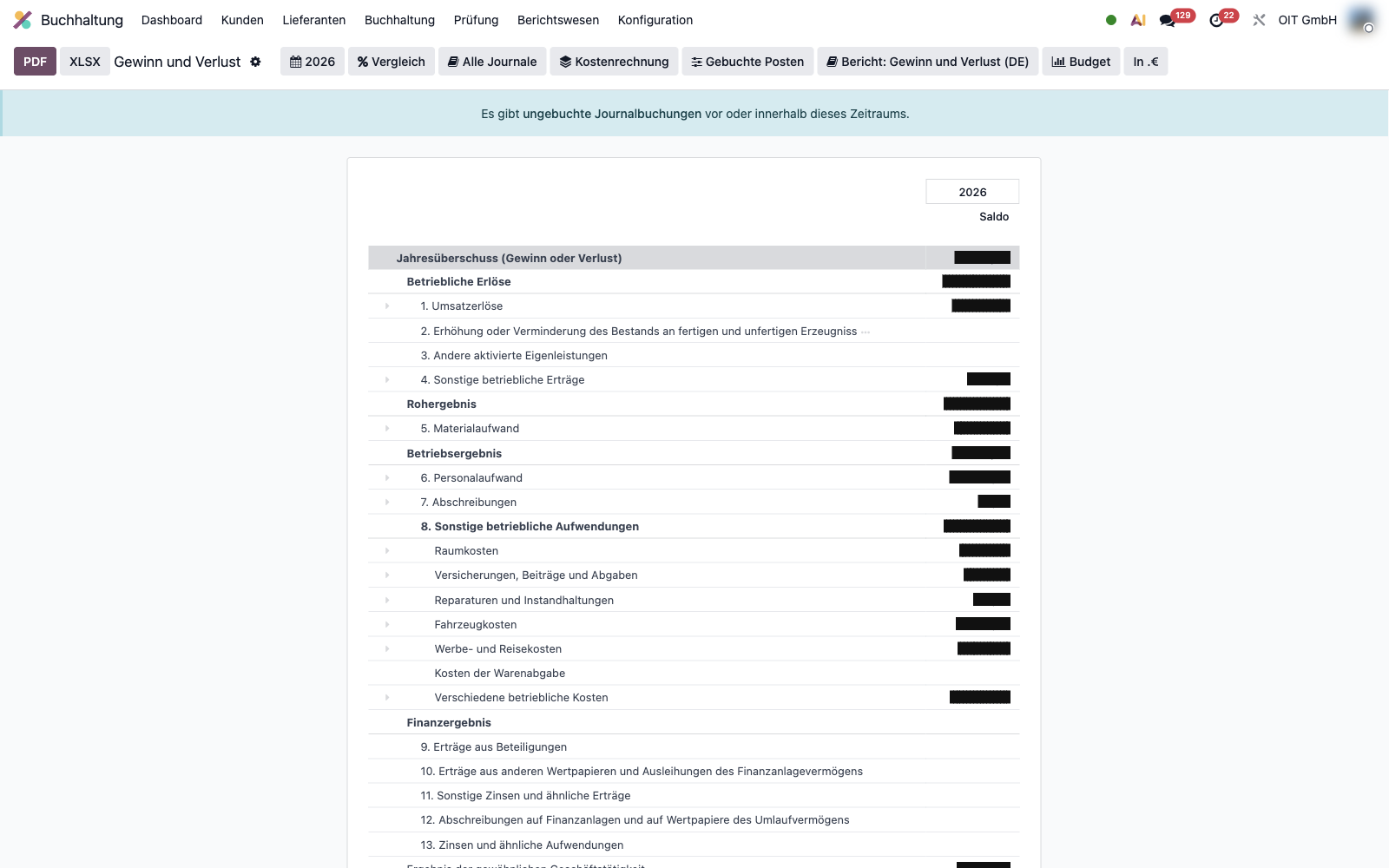 Odoo-Bericht Gewinn und Verlust nach HGB-Gliederung, Beträge geschwärzt