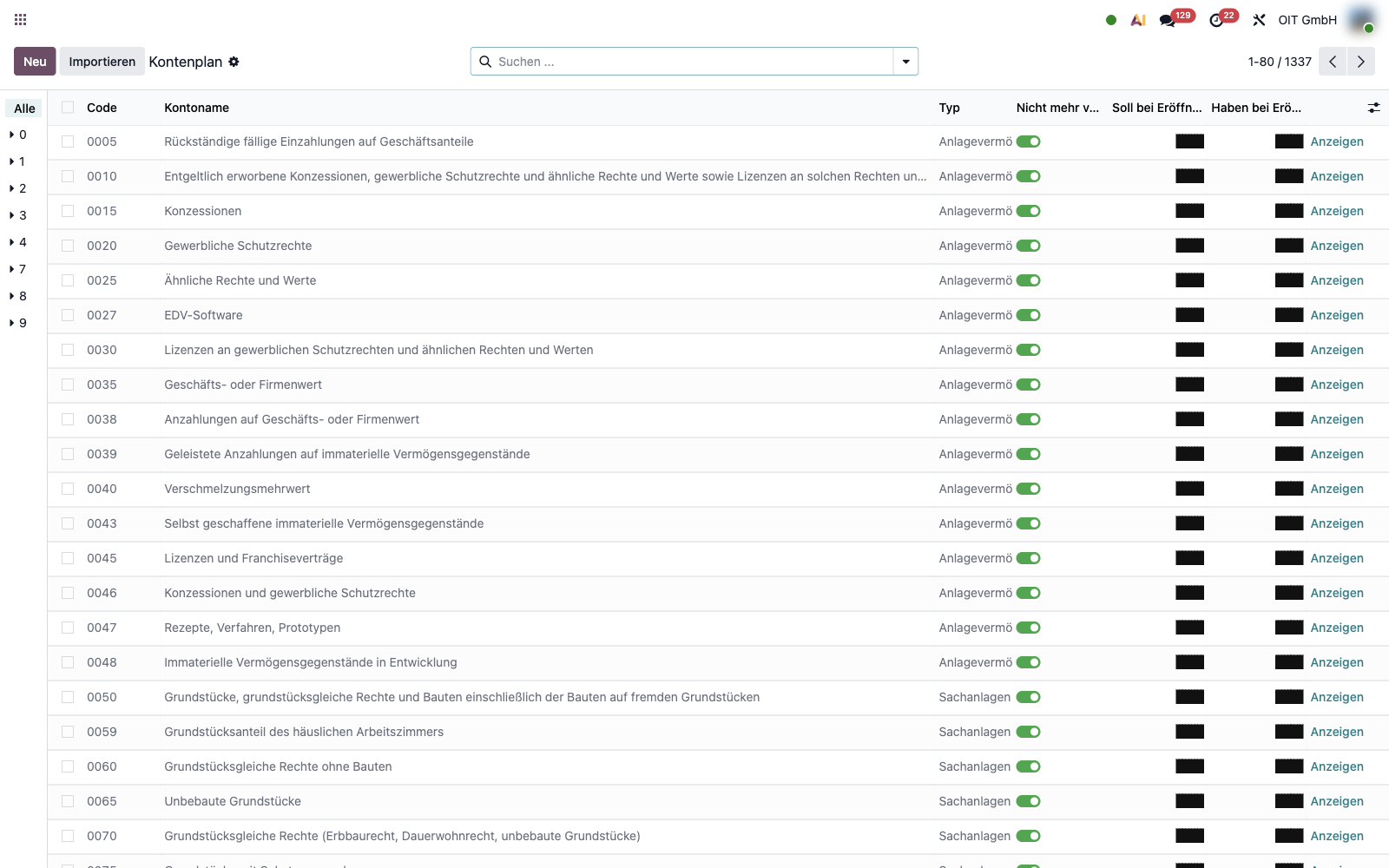 Odoo-Kontenplan nach SKR03 mit Code, Kontoname und Kontotyp, Beträge geschwärzt