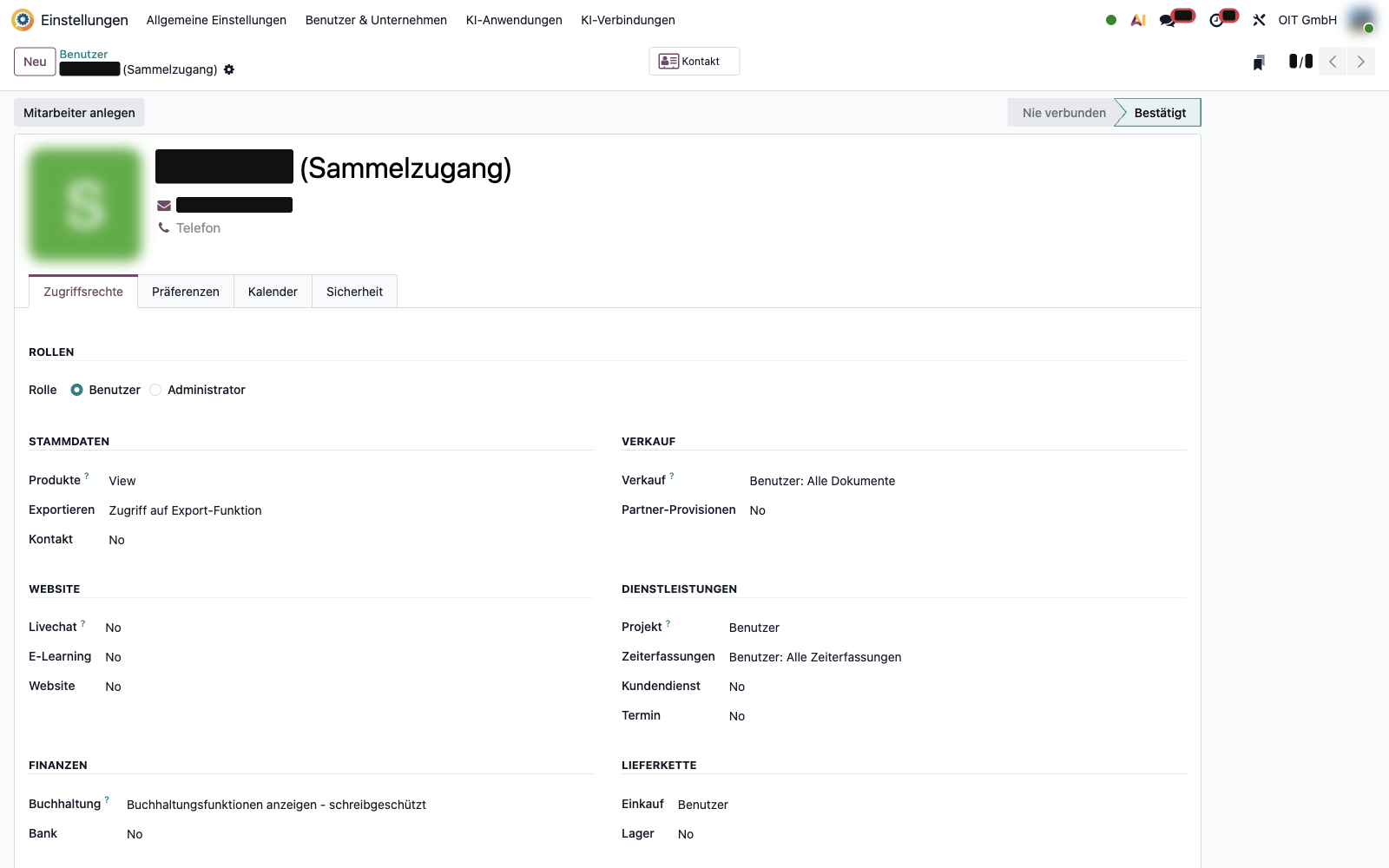 Zugriffsrechte eines Odoo-Benutzers für die Steuerkanzlei mit schreibgeschütztem Zugriff auf die Buchhaltung, Namen geschwärzt