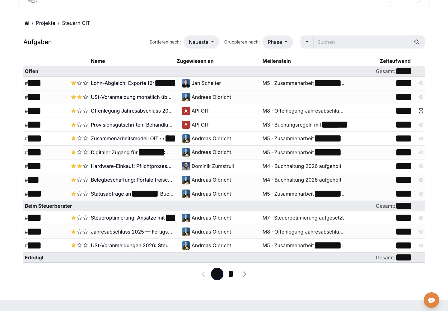 Odoo-Kundenportal mit der Aufgabenliste des Steuerprojekts, wie die Kanzlei sie sieht, Zahlen und Namen geschwärzt