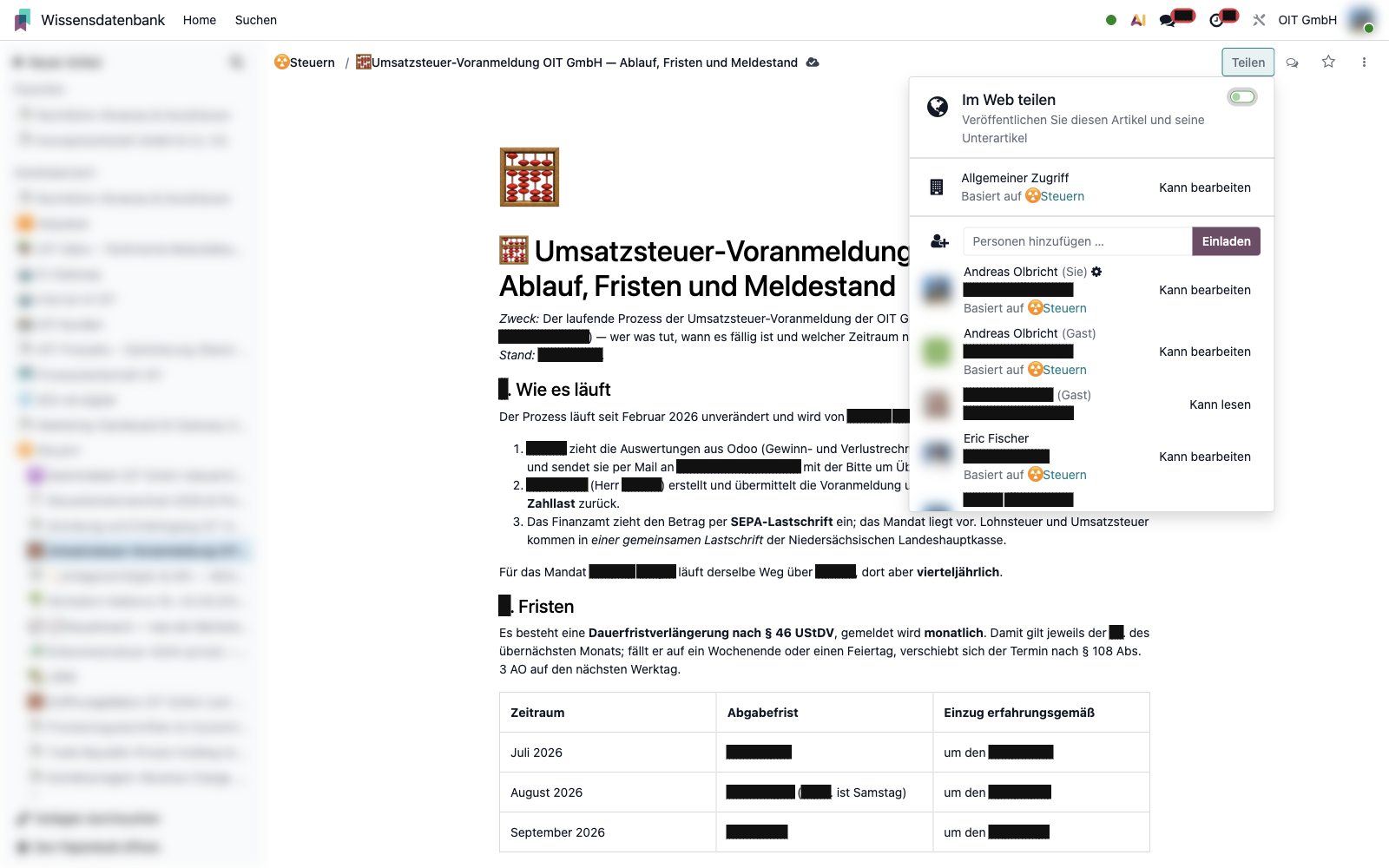 Odoo-Wissensartikel zur Umsatzsteuer-Voranmeldung mit geöffnetem Teilen-Dialog und Leserecht für die Kanzlei, Zahlen und Namen geschwärzt