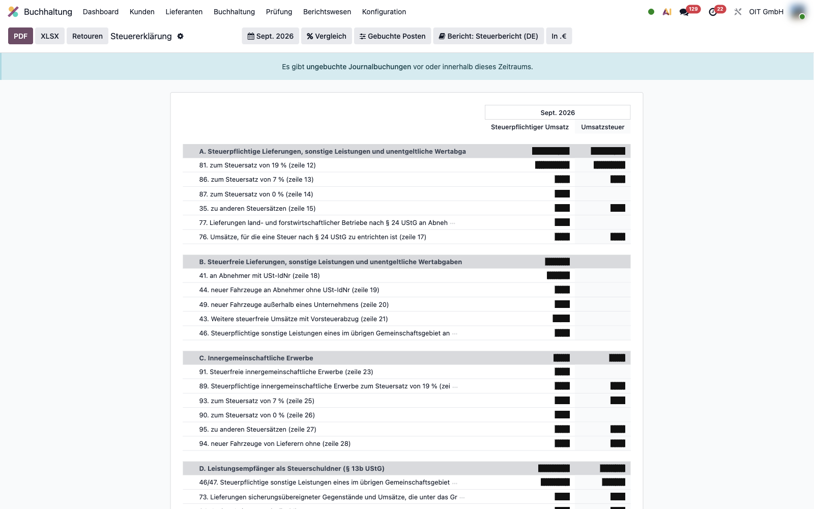 Odoo-Steuerbericht für Deutschland mit den Kennzahlen der Umsatzsteuer-Voranmeldung, Beträge geschwärzt