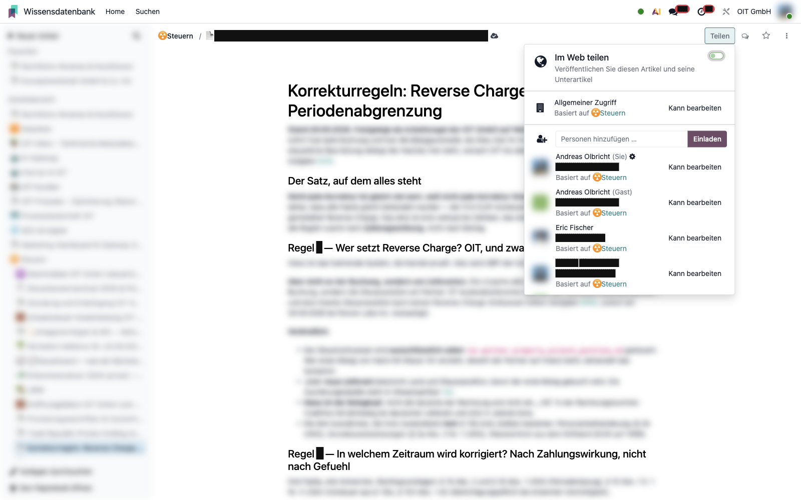 Odoo-Wissensartikel mit den Korrekturregeln für Reverse Charge, Storni und Periodenabgrenzung, Fließtext verwischt, Namen geschwärzt